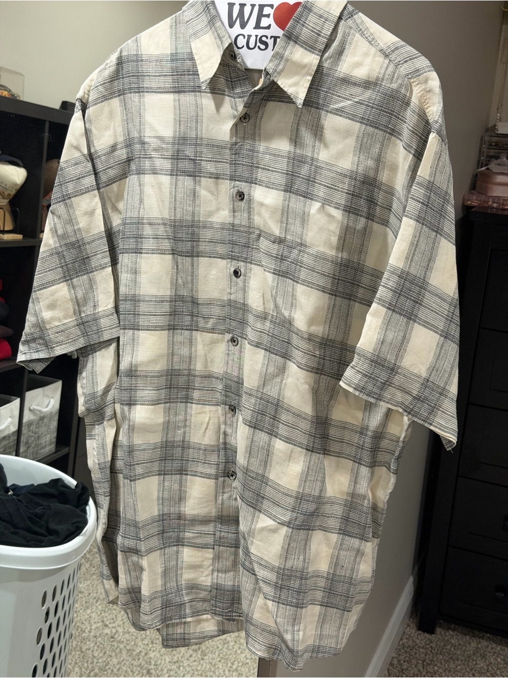Alfani Cream & Gray Short-Sleeve Plaid Button-Down Shirt